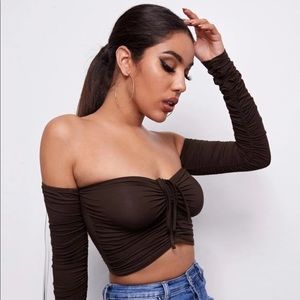 Ruched Drawstring Off-the-Shoulder Crop Top